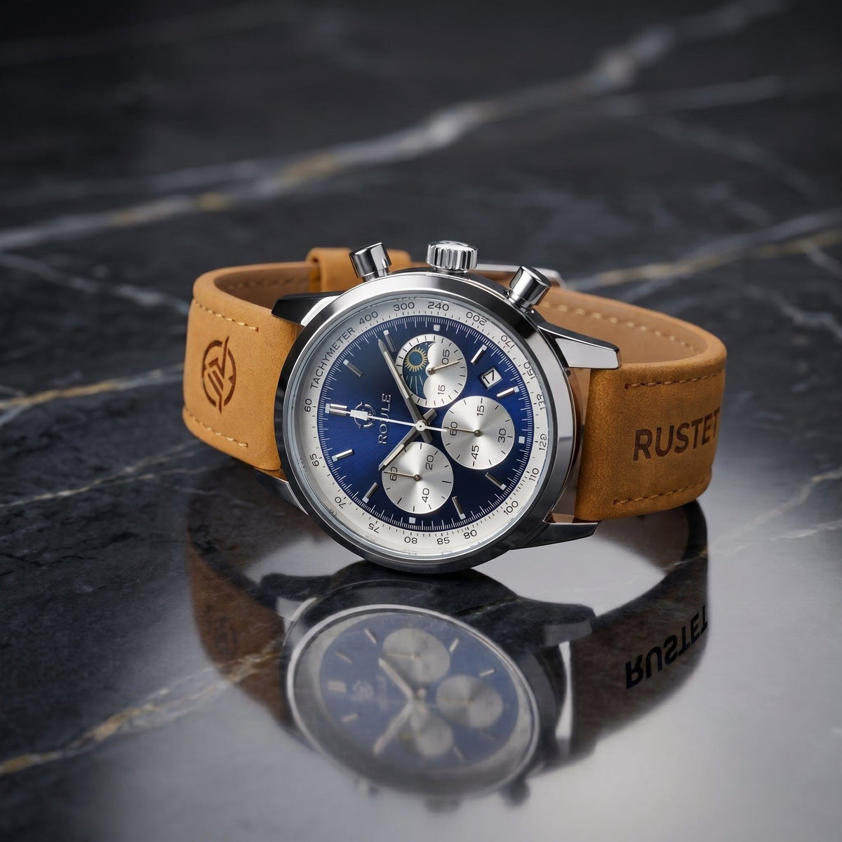 RUSTET Blue Dial Chronograph Watch – Tan Leather Strap with Premium Branded Case
