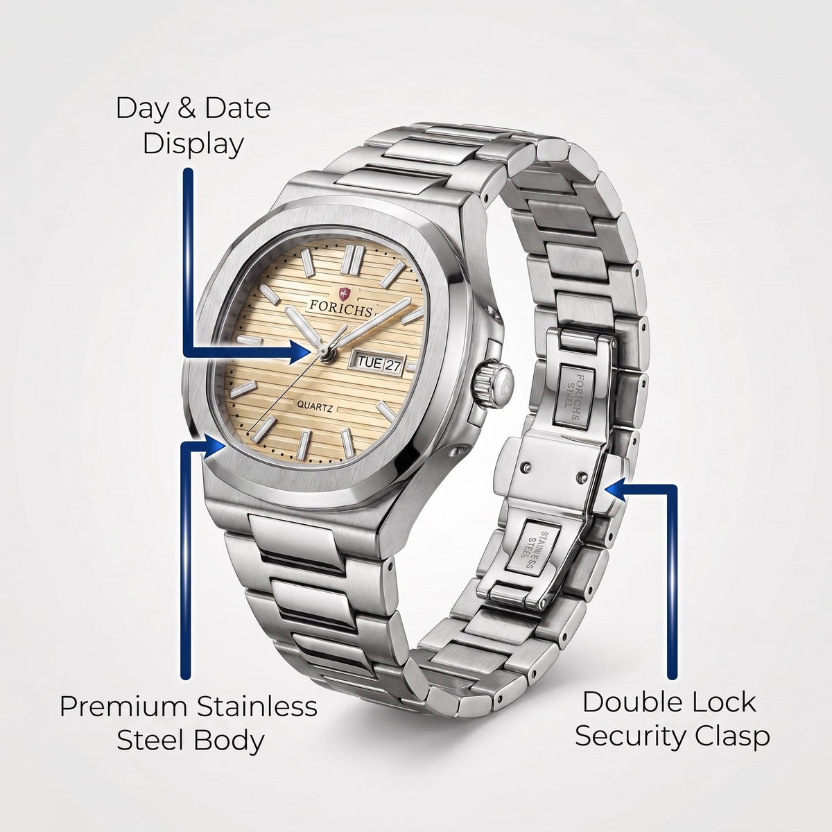 FORICHS Champagne Gold Dial Stainless Steel Date and day display Watch for Men