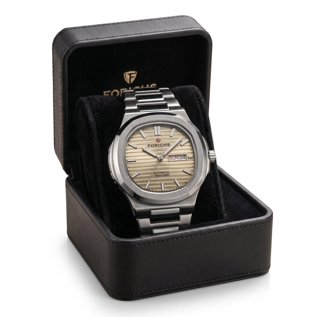 champagne gold dial watch highlighting the day and date display, premium stainless steel body, and double lock security clasp
