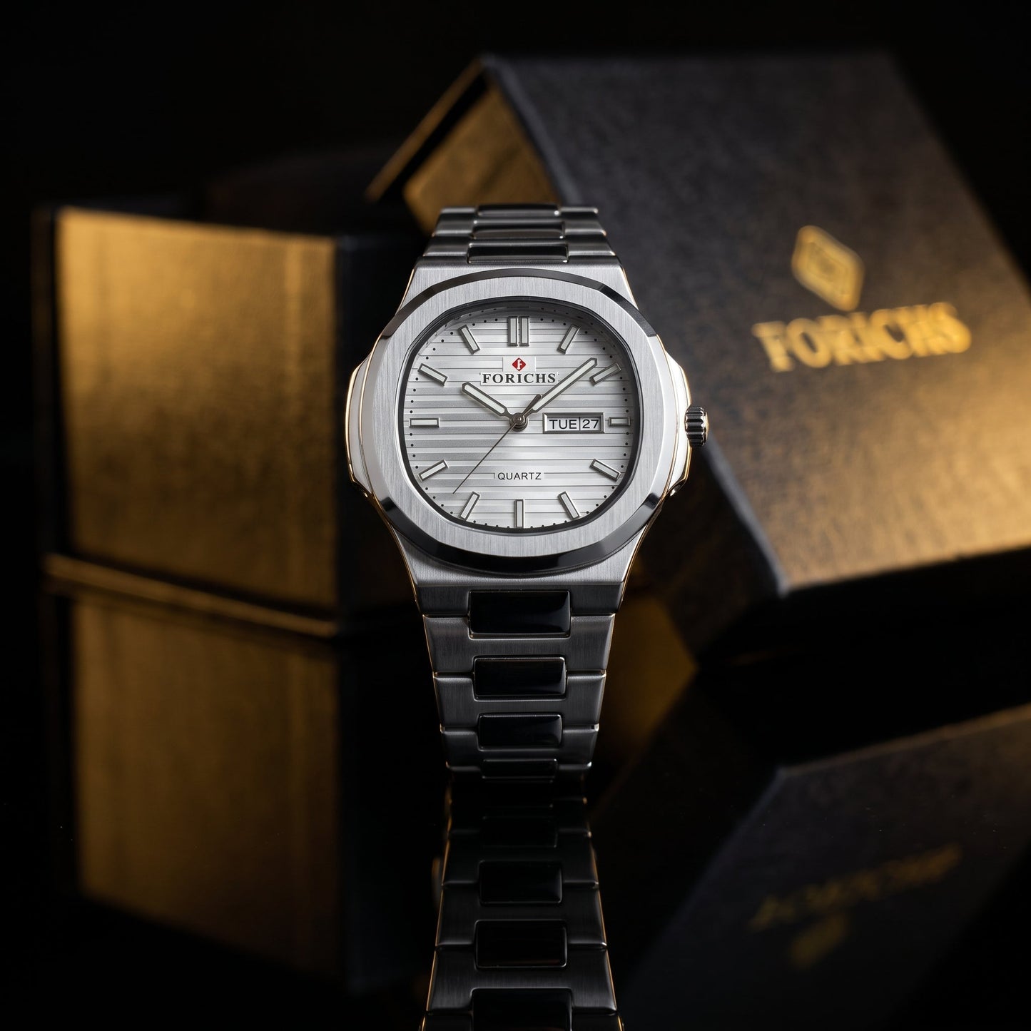FORICHS Silver Steel Watch with Day-Date Display
