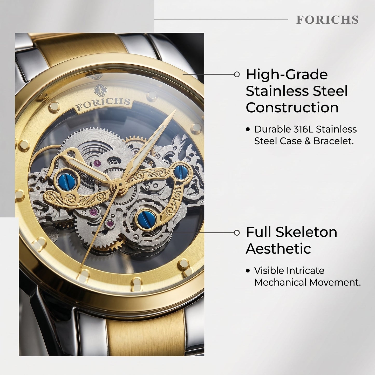 FORICHS Two-Tone Gold Automatic Skeleton Watch