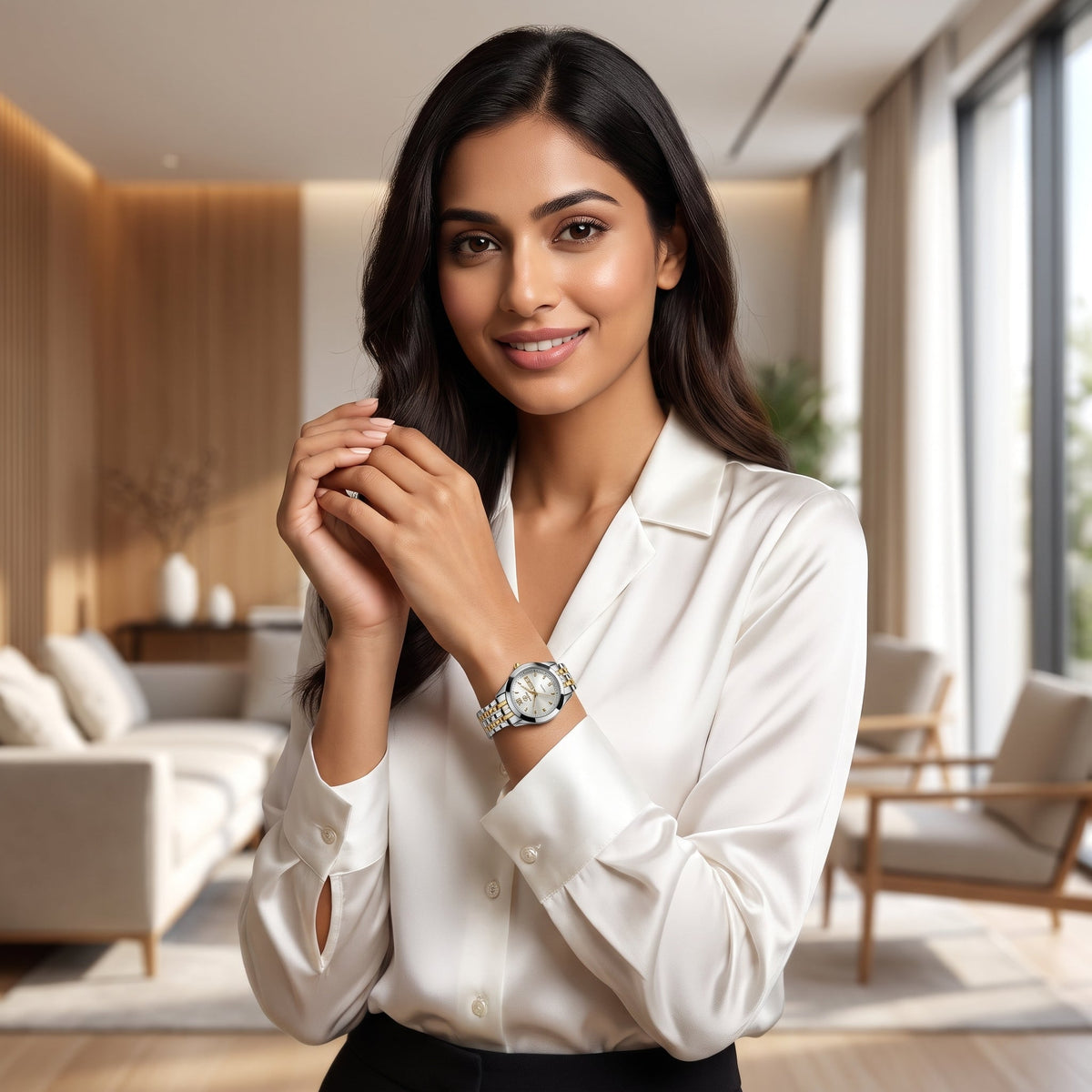RUSTET Women's Waterproof Two-Tone Watch – White Dial, Gold Accents, Day-Date