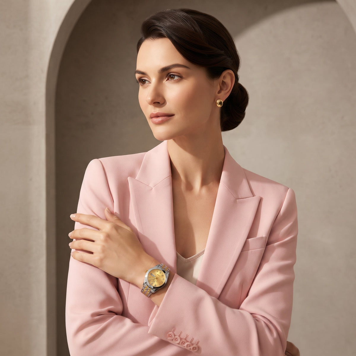 RUSTET Women's Waterproof Two-Tone Watch – Gold Dial, Day-Date, Double Lock Clasp