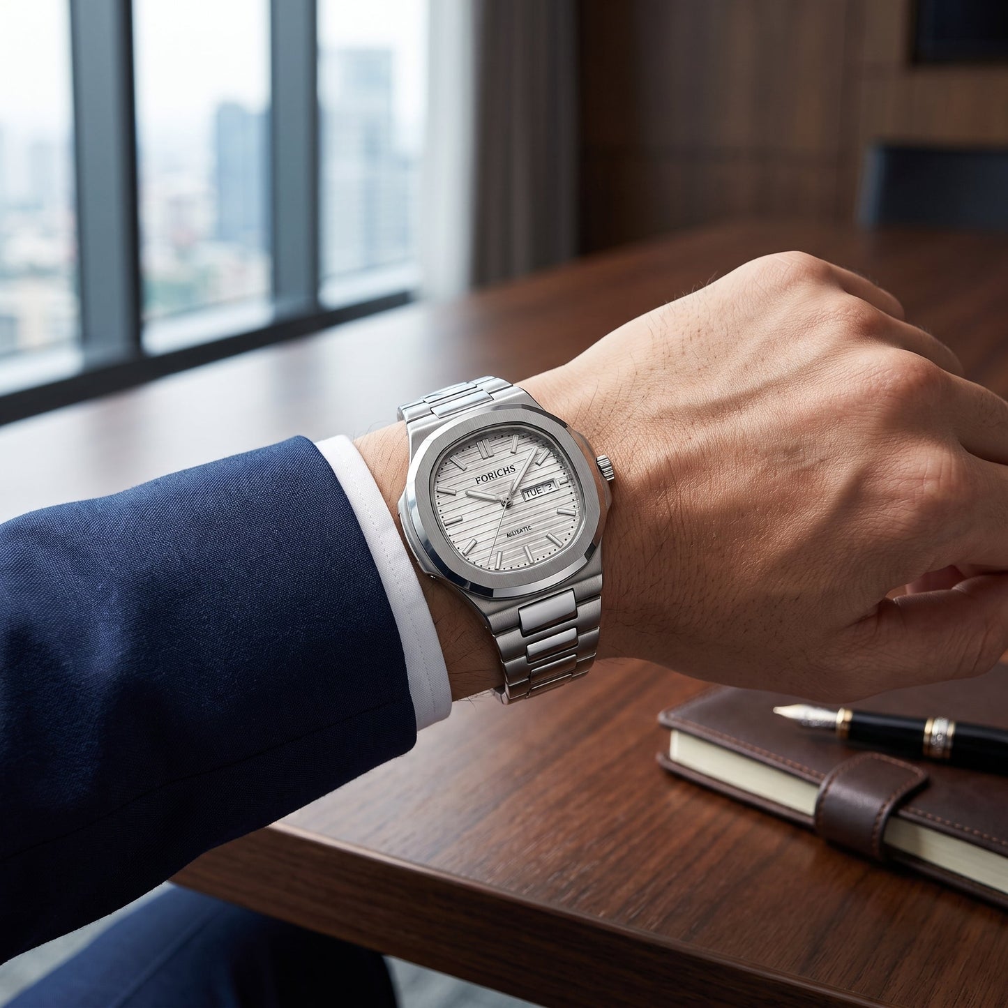 FORICHS Silver Steel Watch with Day-Date Display