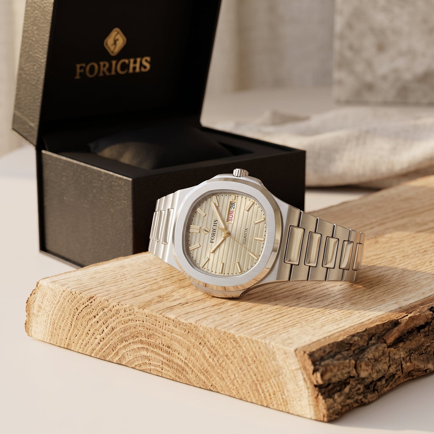 FORICHS Champagne Gold Dial Stainless Steel Date and day display Watch for Men