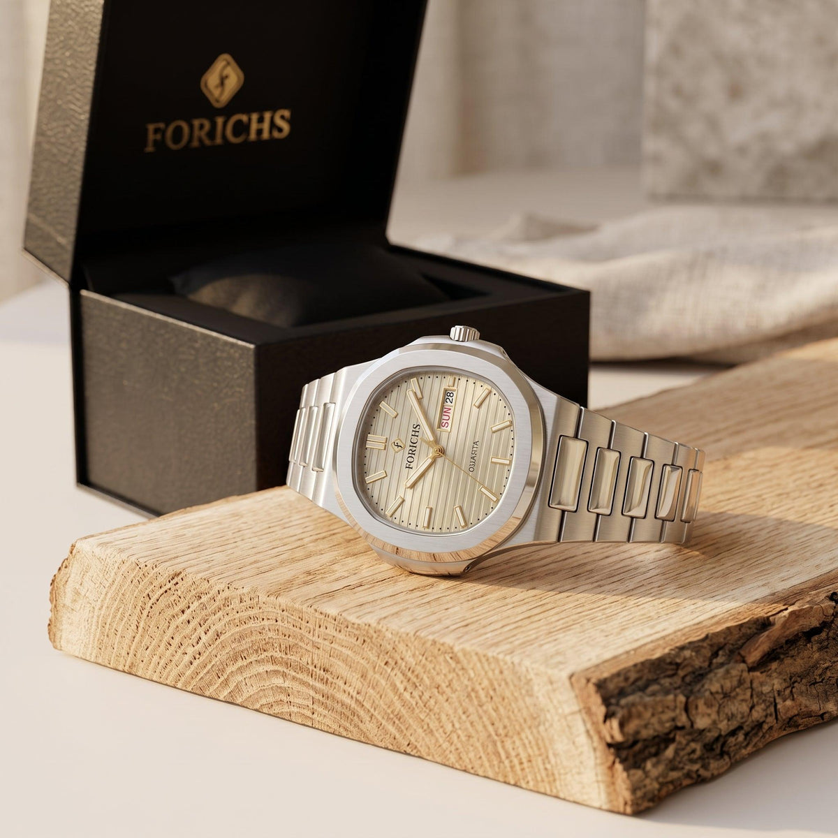 FORICHS Champagne Gold Dial Stainless Steel Date and day display Watch for Men
