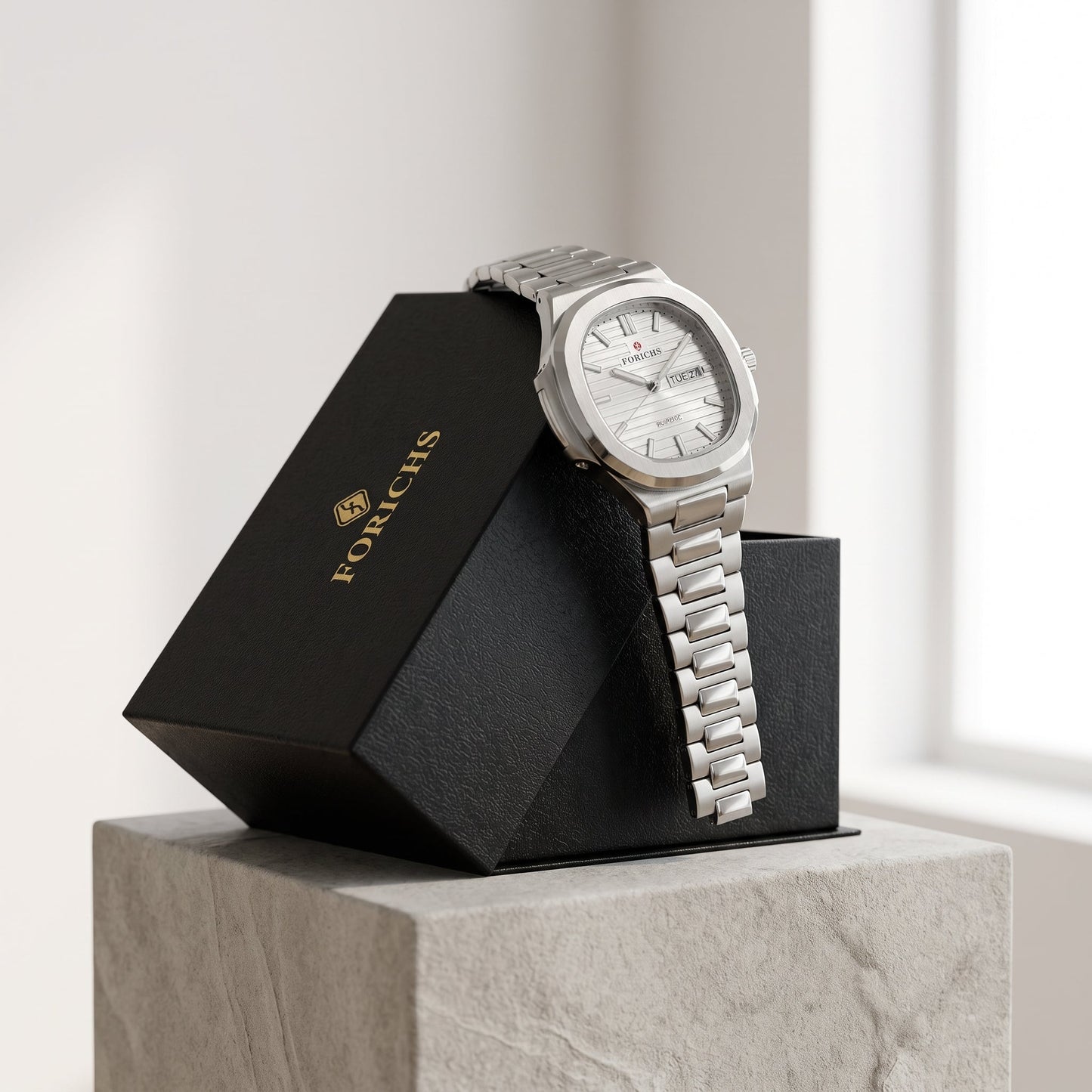FORICHS Silver Steel Watch with Day-Date Display