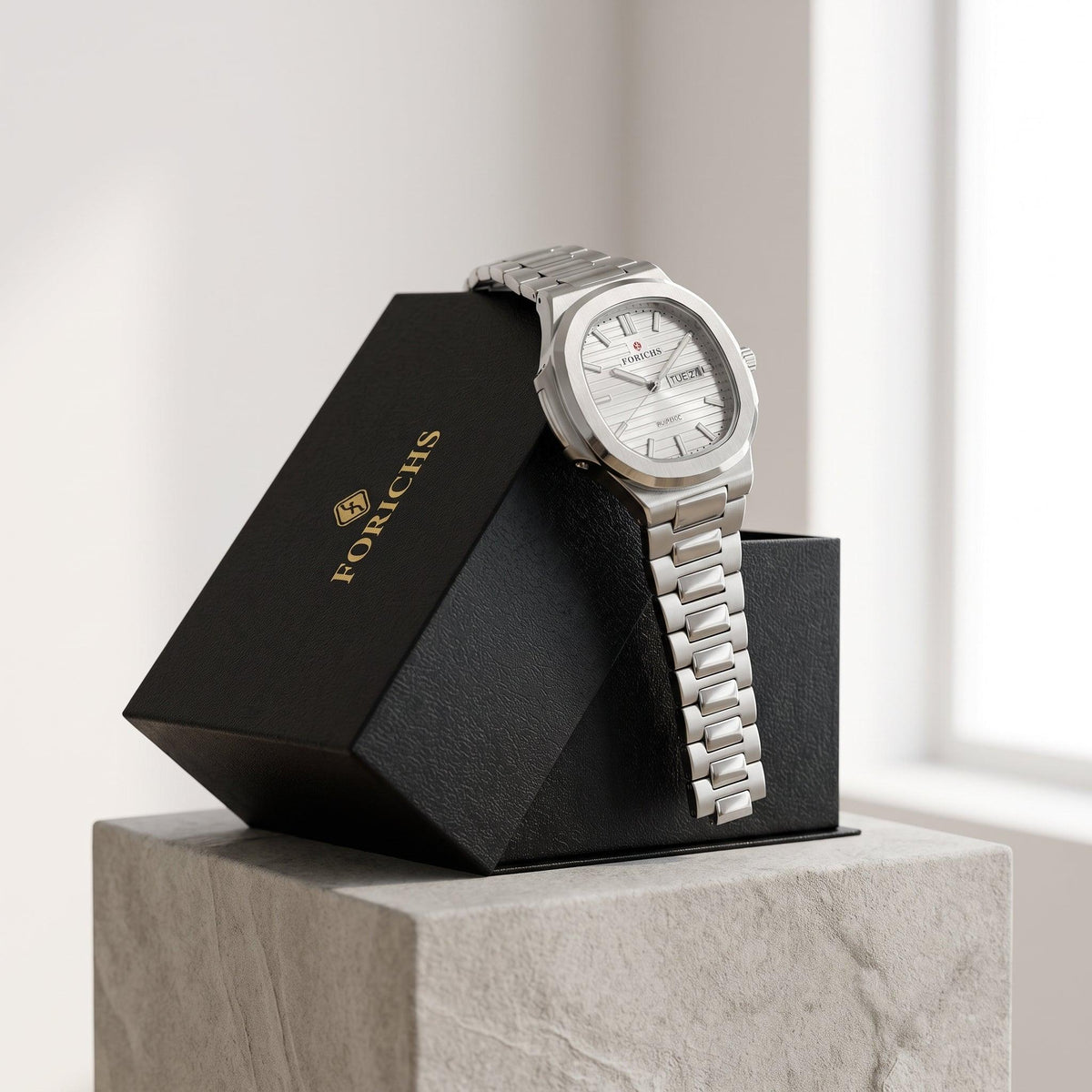 FORICHS Silver Steel Watch with Day-Date Display