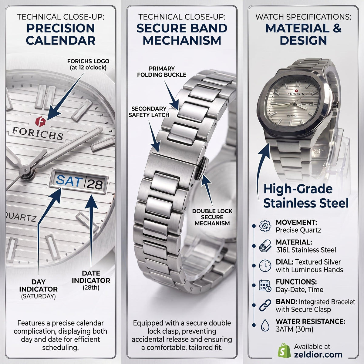 FORICHS Silver Steel Watch with Day-Date Display