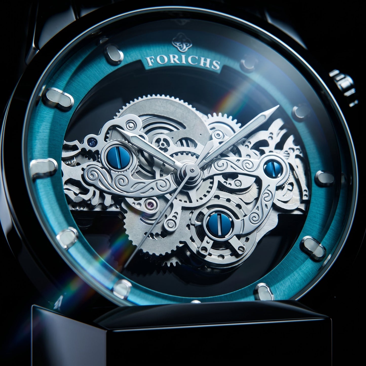FORICHS Automatic Skeleton Watch with Blue Transparent Dial