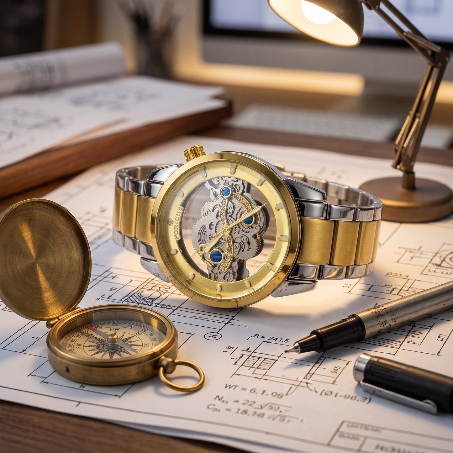 FORICHS Two-Tone Gold Automatic Skeleton Watch