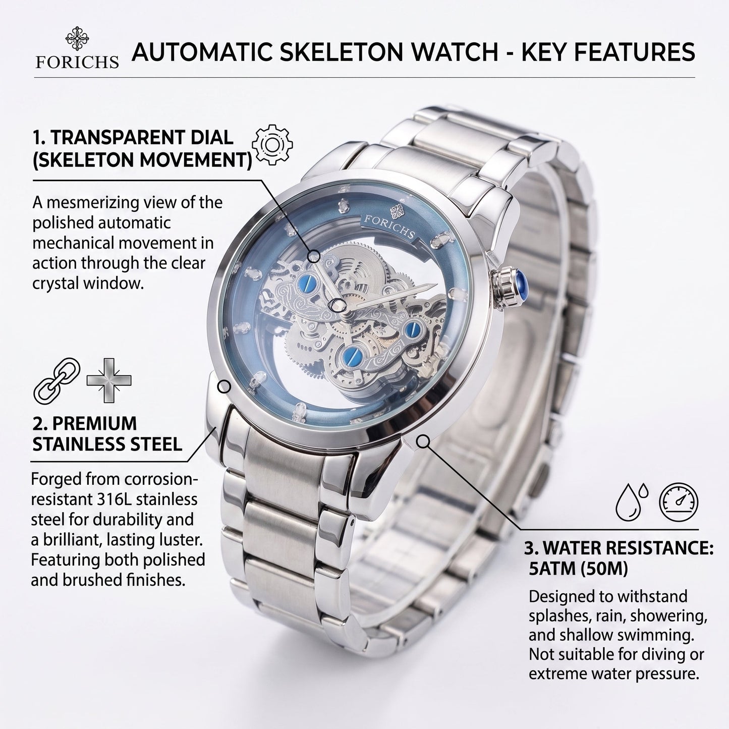 FORICHS Automatic Skeleton Watch with Blue Transparent Dial