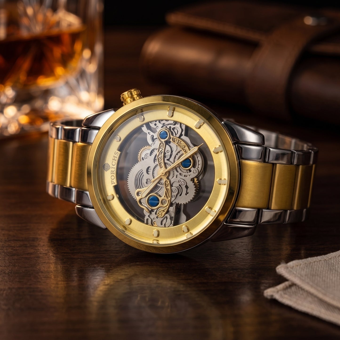 FORICHS Two-Tone Gold Automatic Skeleton Watch