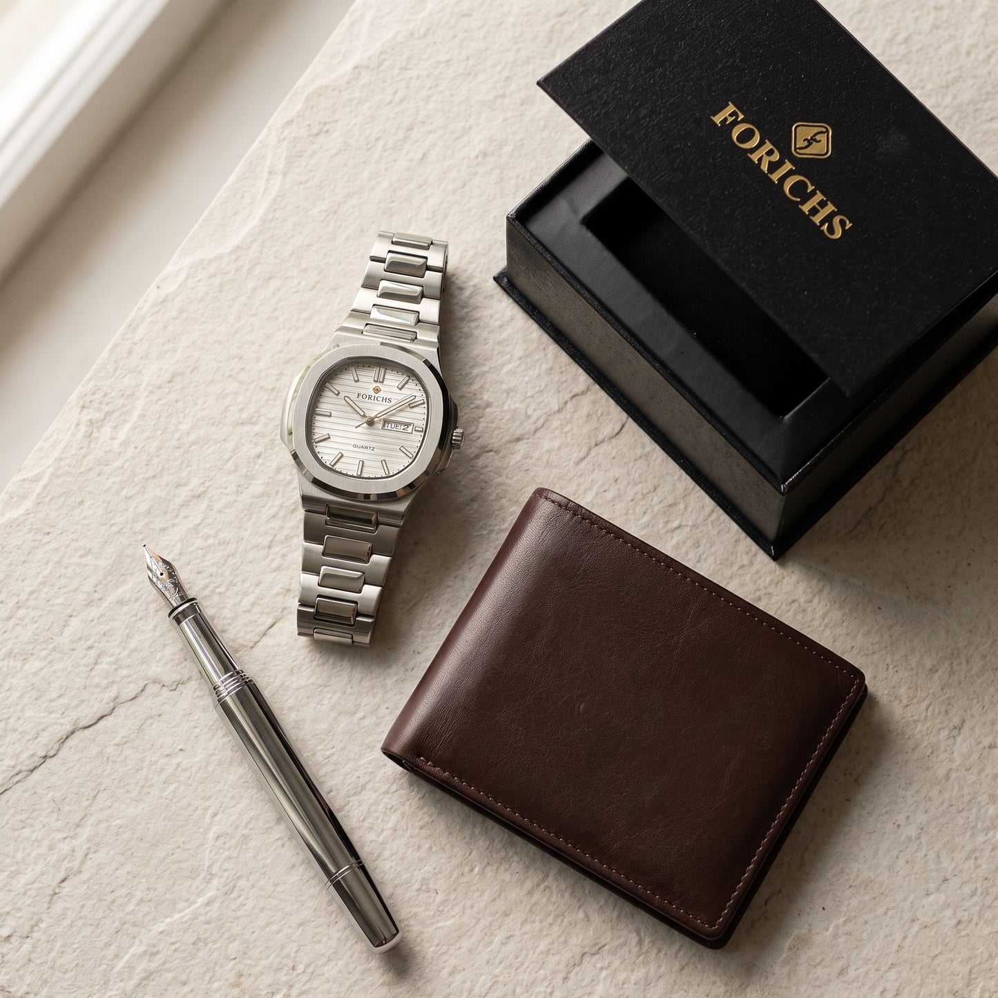 FORICHS Silver Steel Watch with Day-Date Display