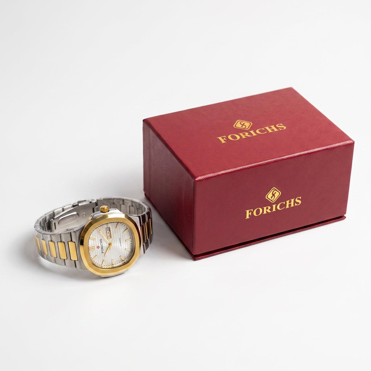 FORICHS Two-Tone Gold and Silver White Dial Stainless Steel Quartz Watch for Men