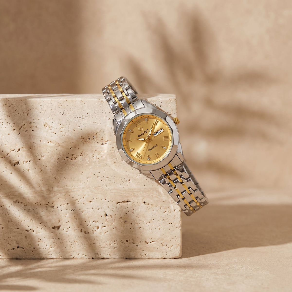 RUSTET Women's Waterproof Two-Tone Watch – Gold Dial, Day-Date, Double Lock Clasp