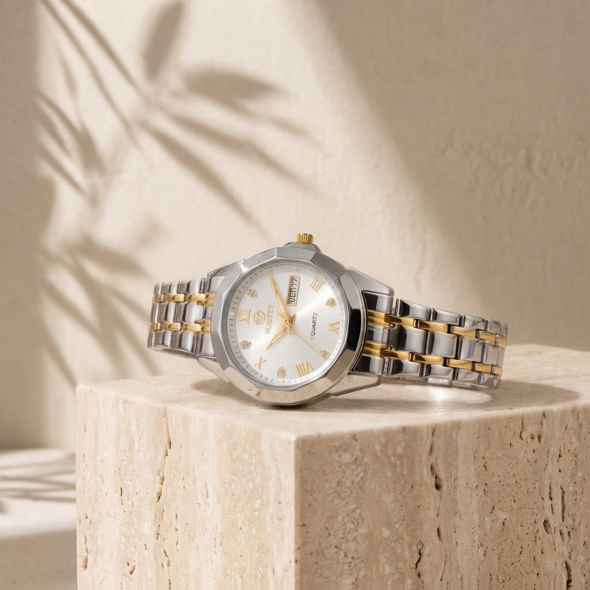 RUSTET Women's Waterproof Two-Tone Watch – White Dial, Gold Accents, Day-Date