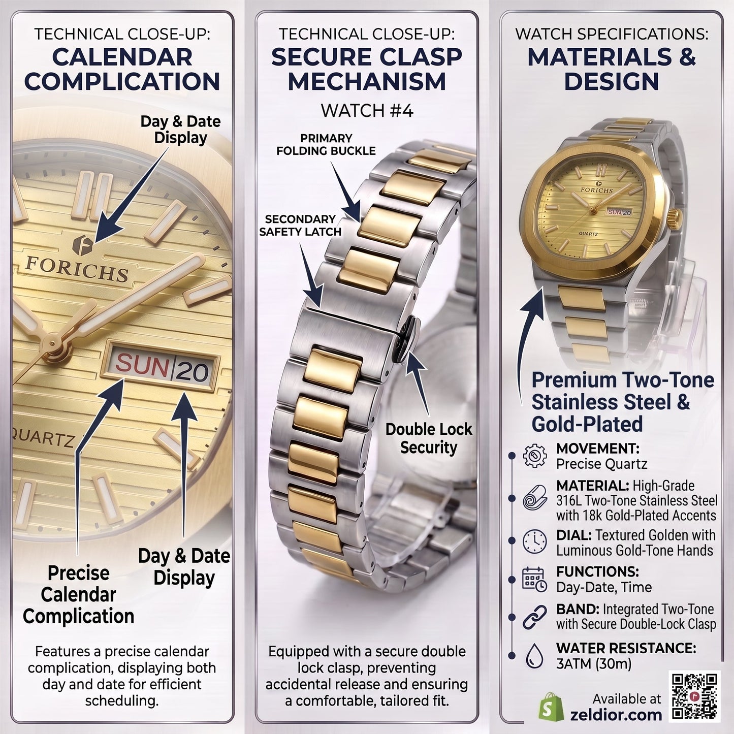 FORICHS Two-Tone Gold Dial Quartz Watch with Day-Date Display