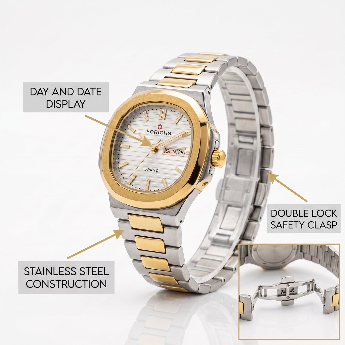 FORICHS Two-Tone Gold and Silver White Dial Stainless Steel Quartz Watch for Men