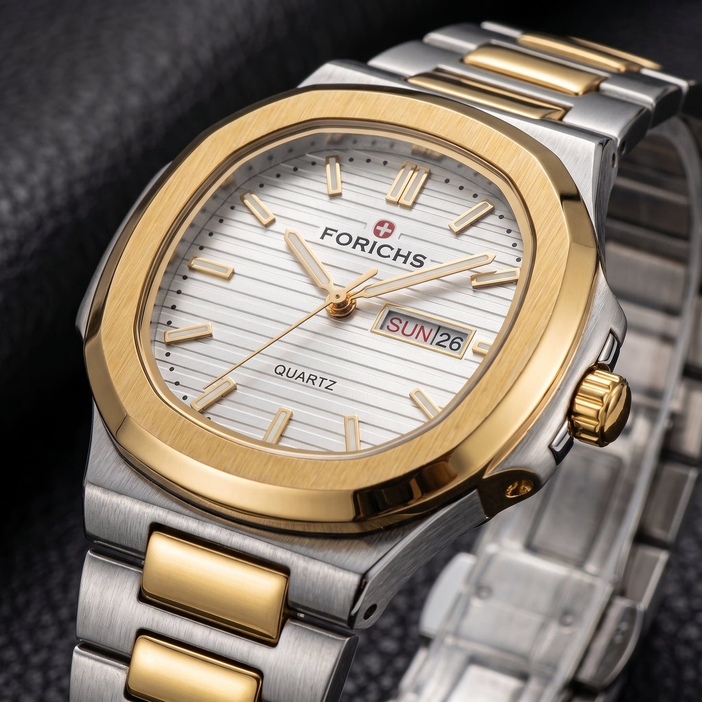 FORICHS Two-Tone Gold and Silver White Dial Stainless Steel Quartz Watch for Men