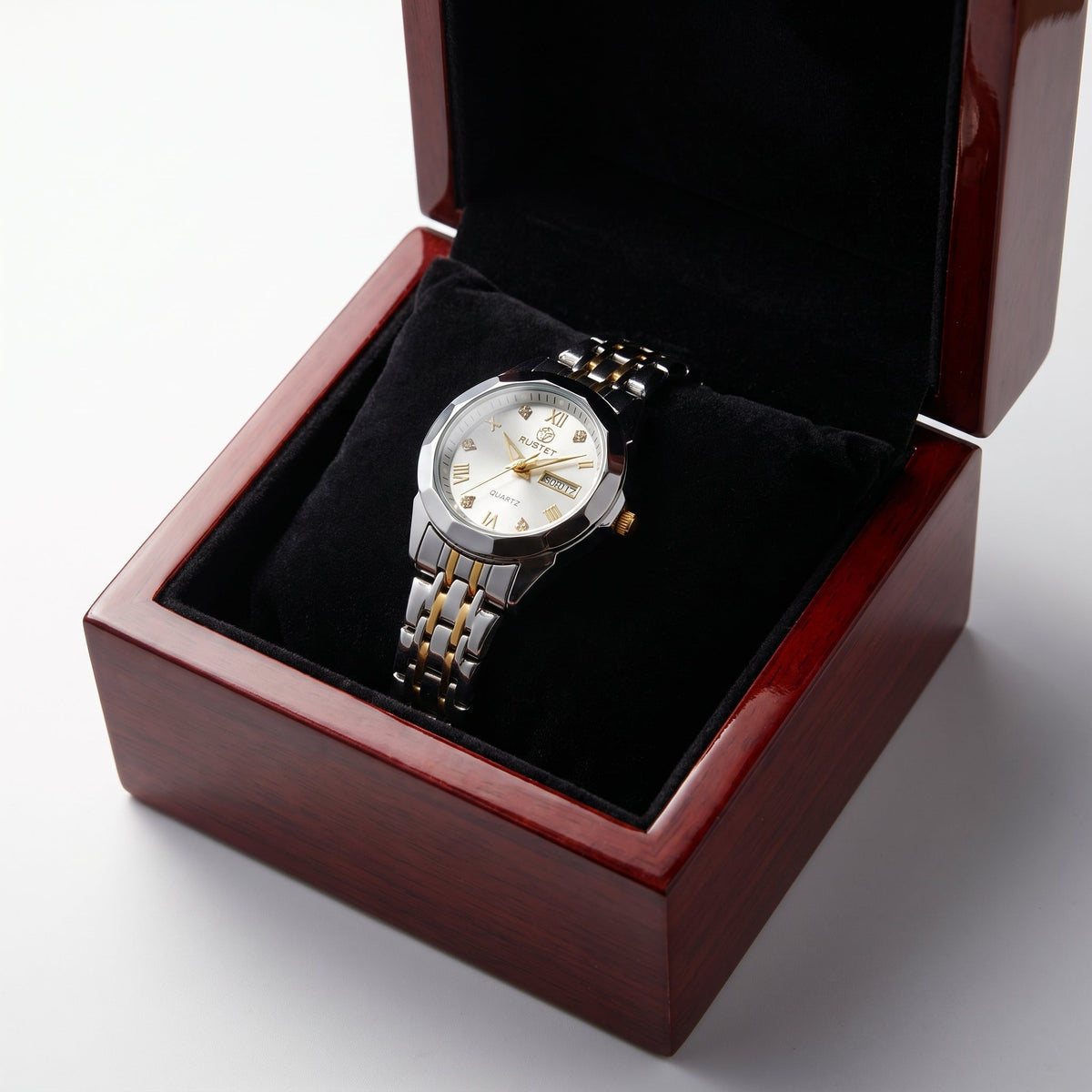 RUSTET Women's Waterproof Two-Tone Watch – White Dial, Gold Accents, Day-Date