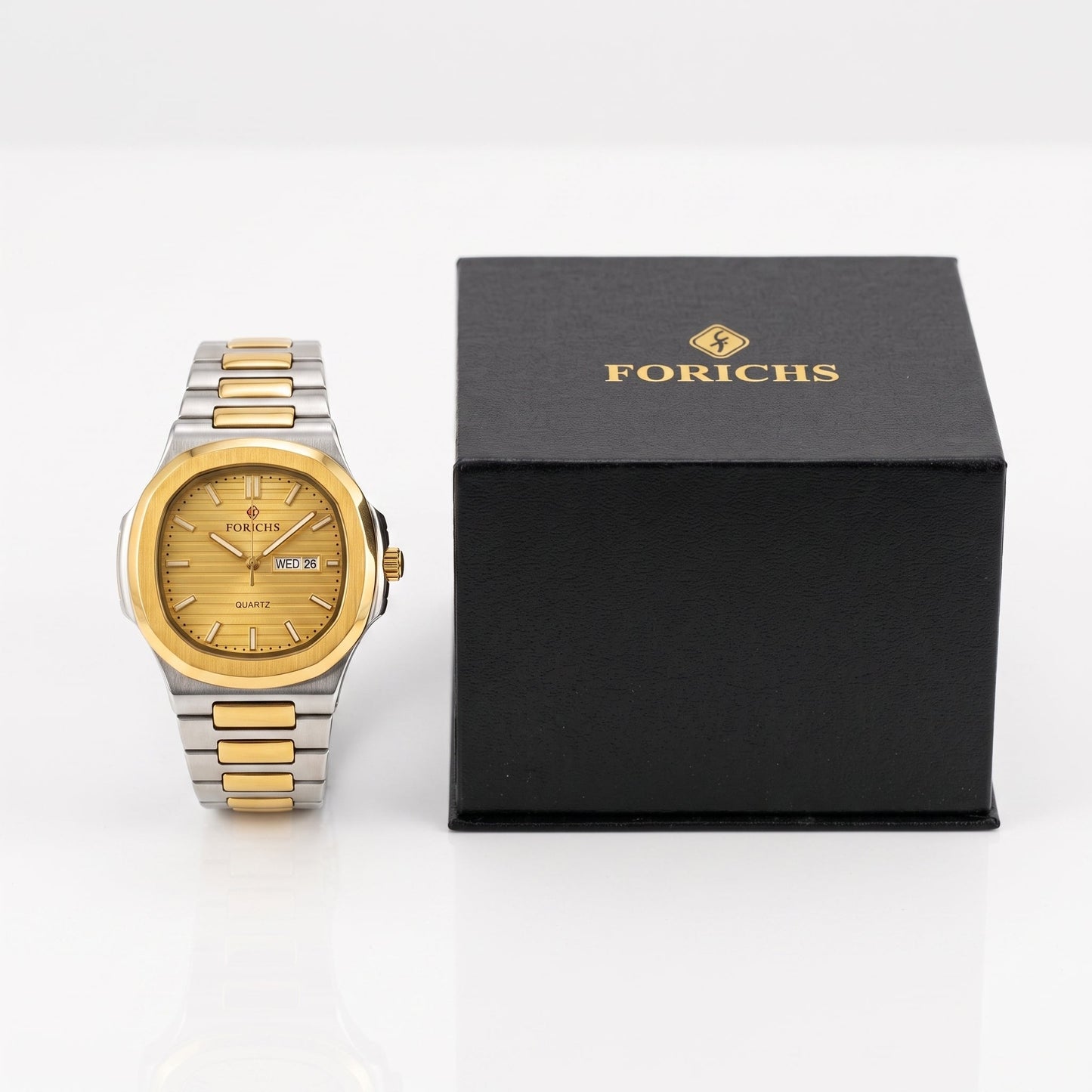 FORICHS Two-Tone Gold Dial Quartz Watch with Day-Date Display