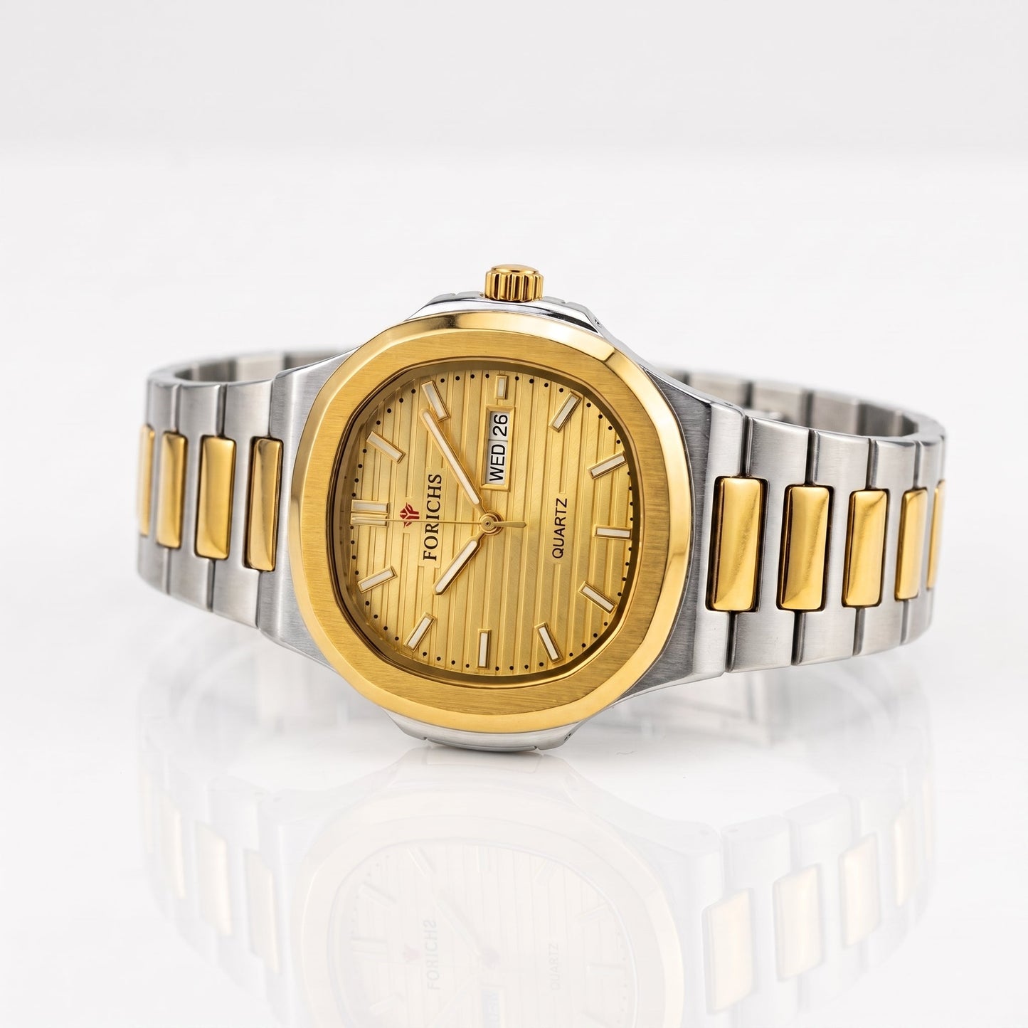 FORICHS Two-Tone Gold Dial Quartz Watch with Day-Date Display