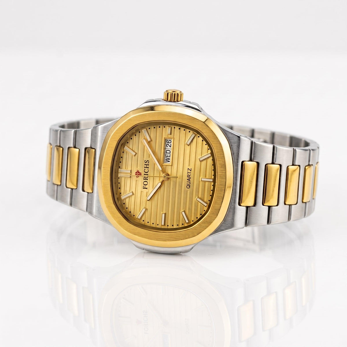 FORICHS Two-Tone Gold Dial Quartz Watch with Day-Date Display