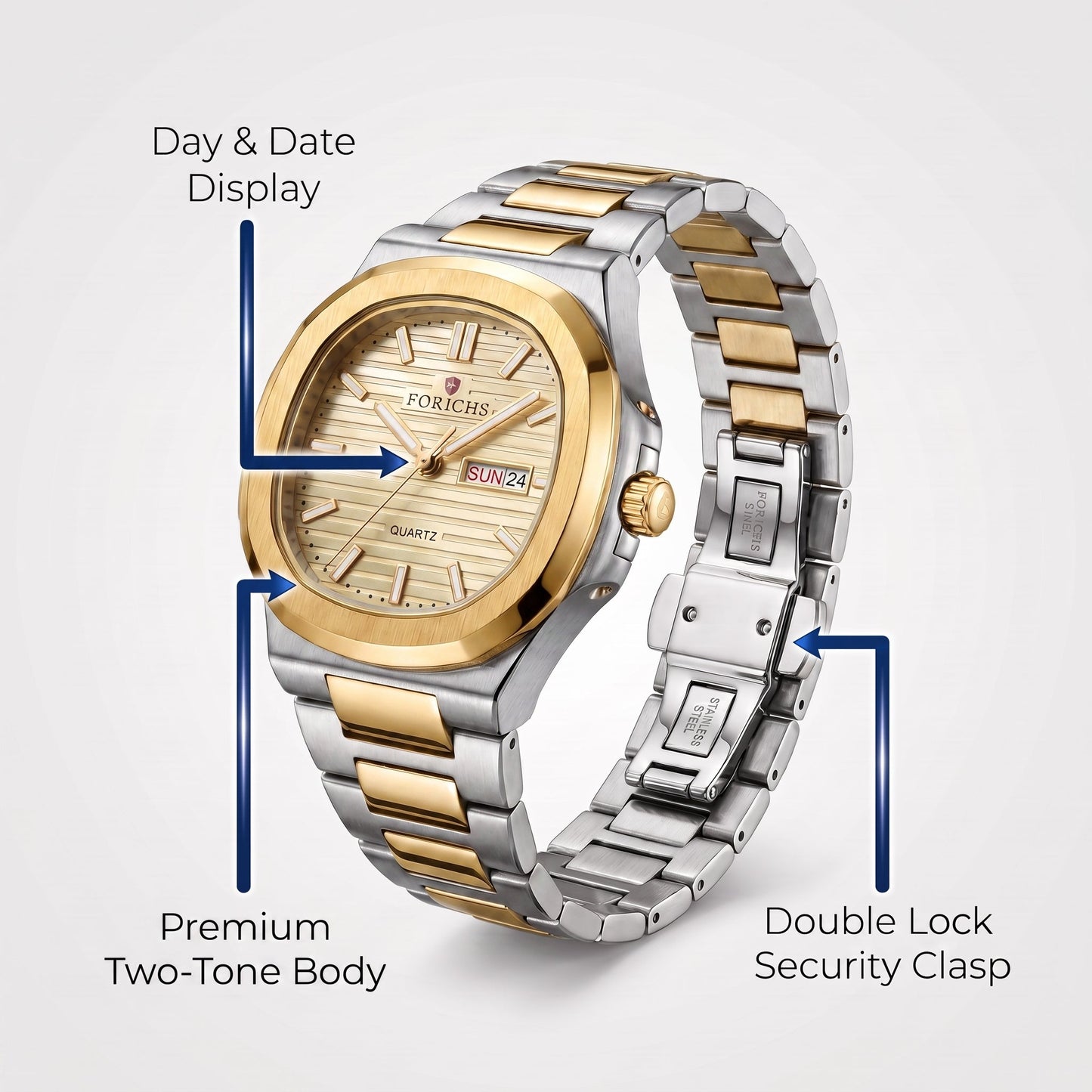 FORICHS Two-Tone Gold Dial Quartz Watch with Day-Date Display