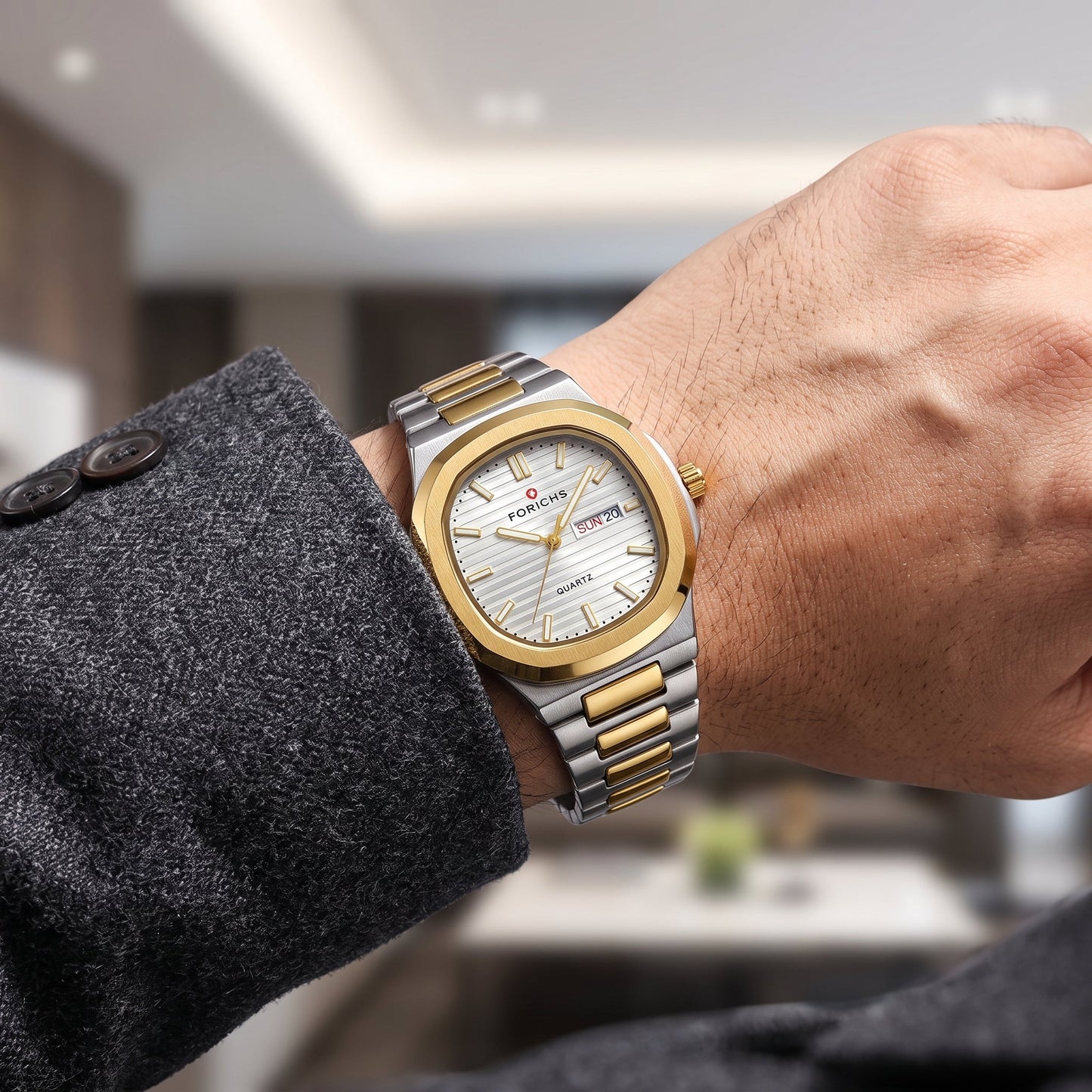 FORICHS Two-Tone Gold and Silver White Dial Stainless Steel Quartz Watch for Men
