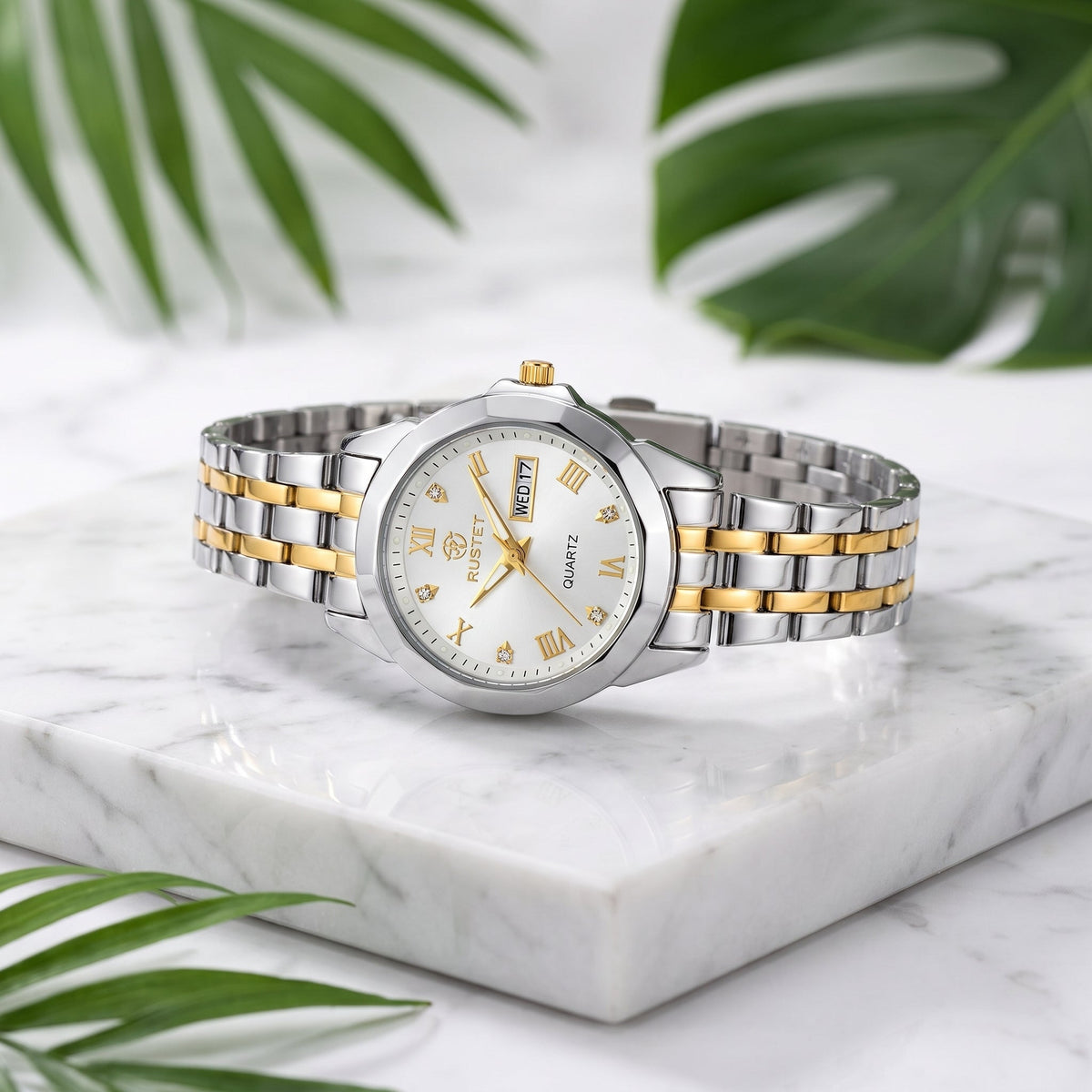 RUSTET Women's Waterproof Two-Tone Watch – White Dial, Gold Accents, Day-Date