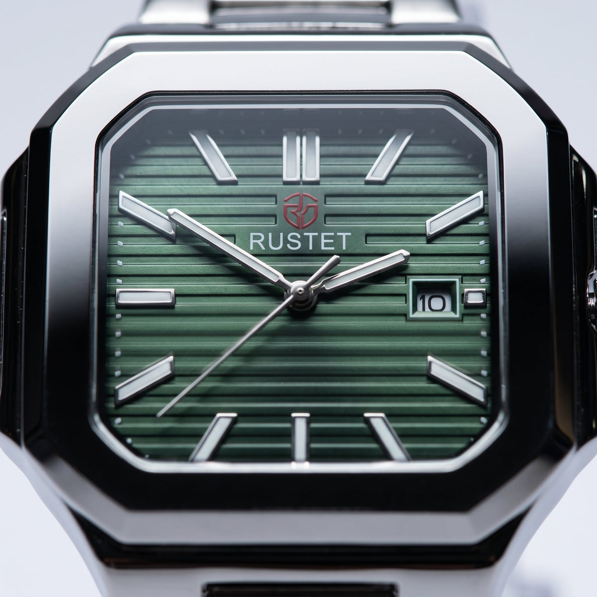 RUSTET Men's Ultra-Thin Square Case Watch – Green Dial - date, Steel & Waterproof