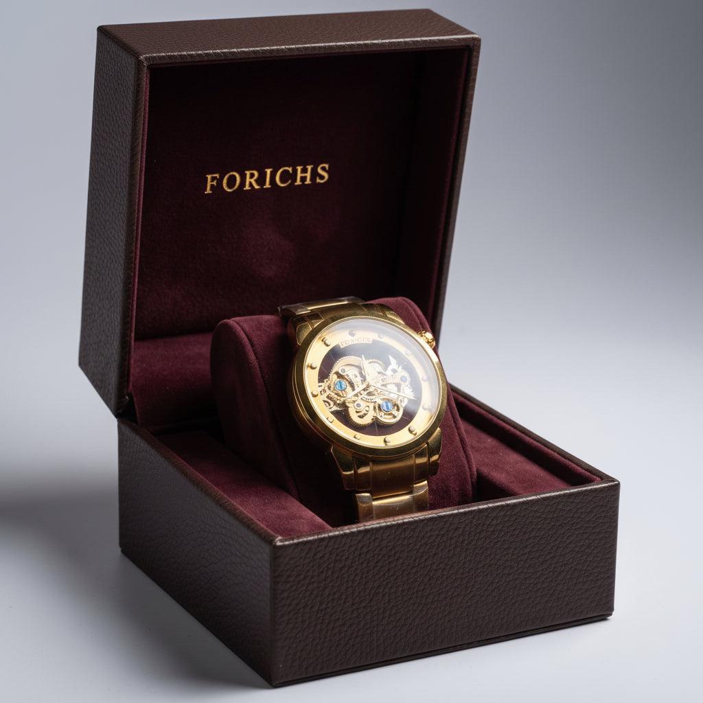 FORICHS full gold automatic skeleton watch displayed in its branded luxury presentation box