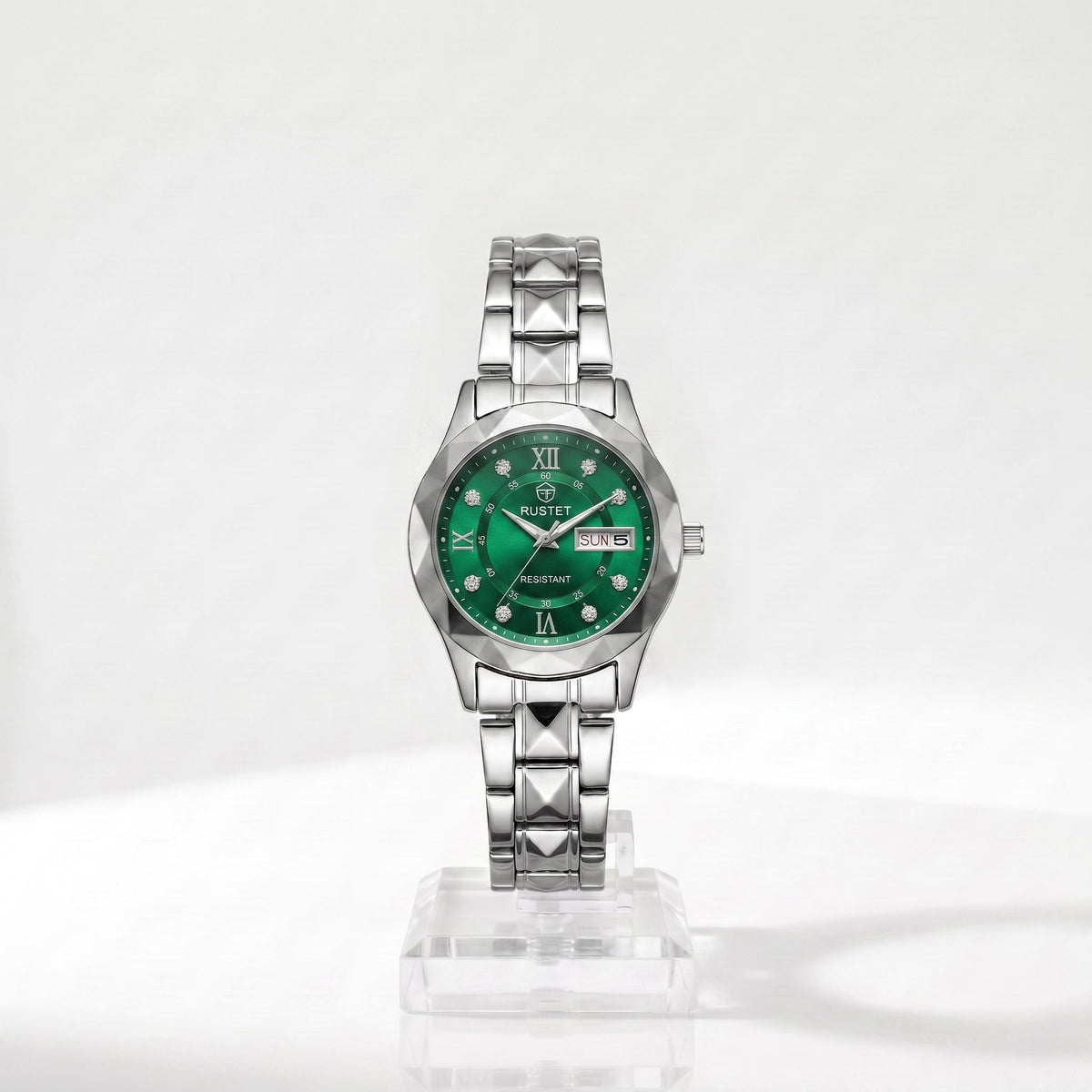Zeldior RUSTET Women's Green Crystal Watch dial with 3D faceted crystal design and day-date window