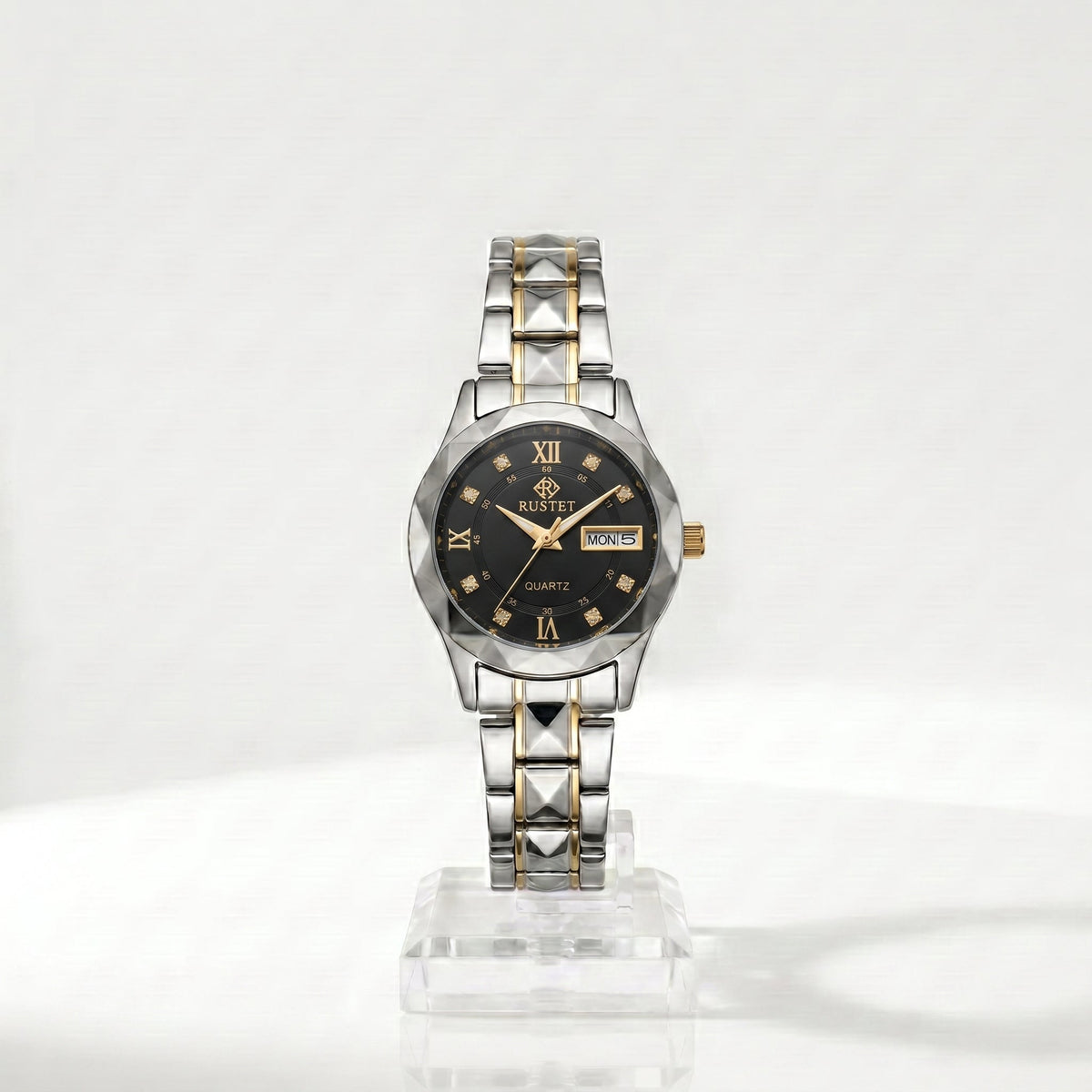 Zeldior RUSTET Women's Two-Tone Watch full front view with day-date window
