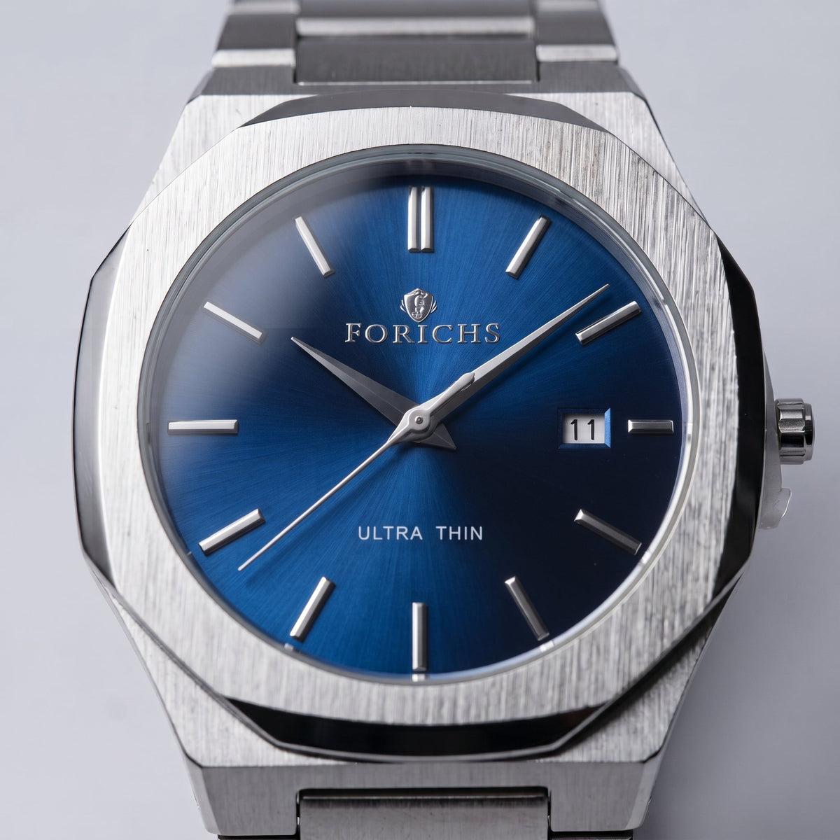 FORICHS Men's Ultra-Thin Quartz Watch – Sapphire Crystal, Steel & Blue Dial & Date