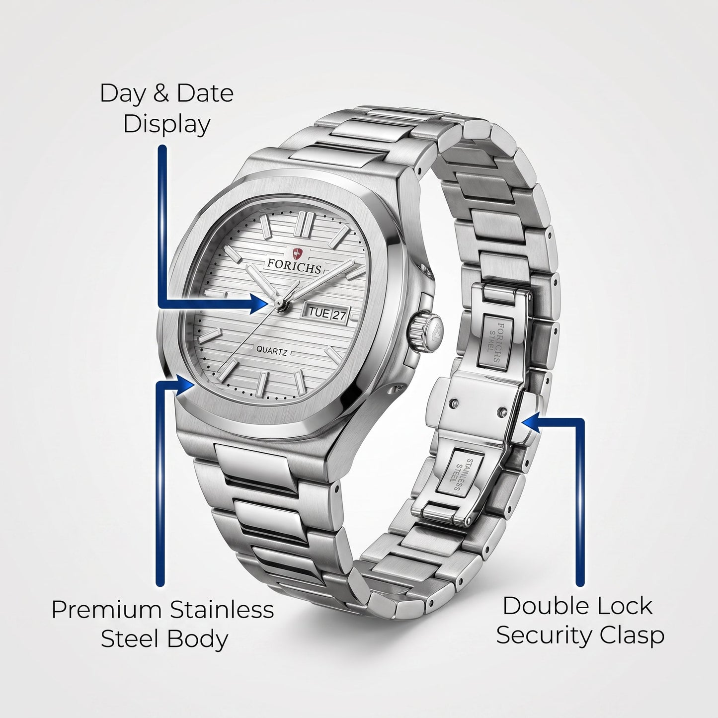 FORICHS Silver Steel Watch with Day-Date Display