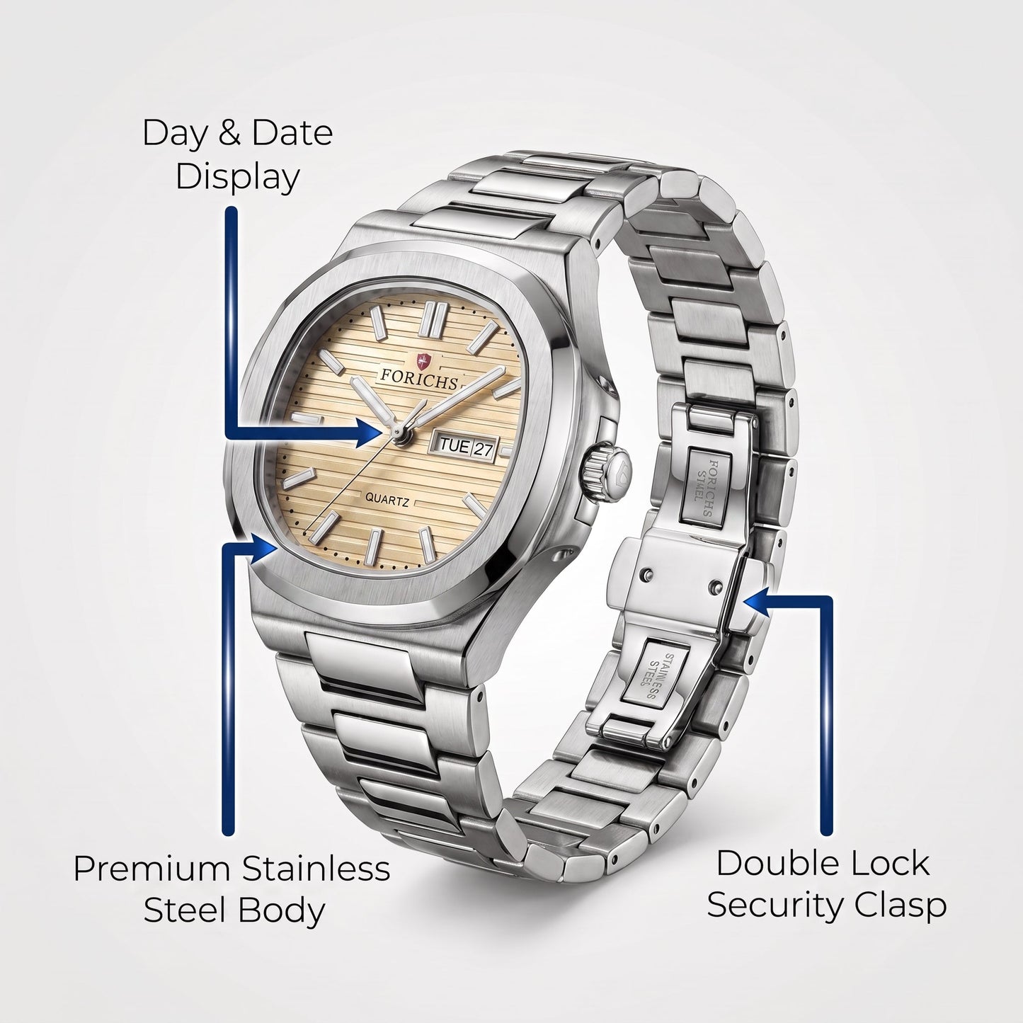FORICHS Champagne Gold Dial Stainless Steel Date and day display Watch for Men