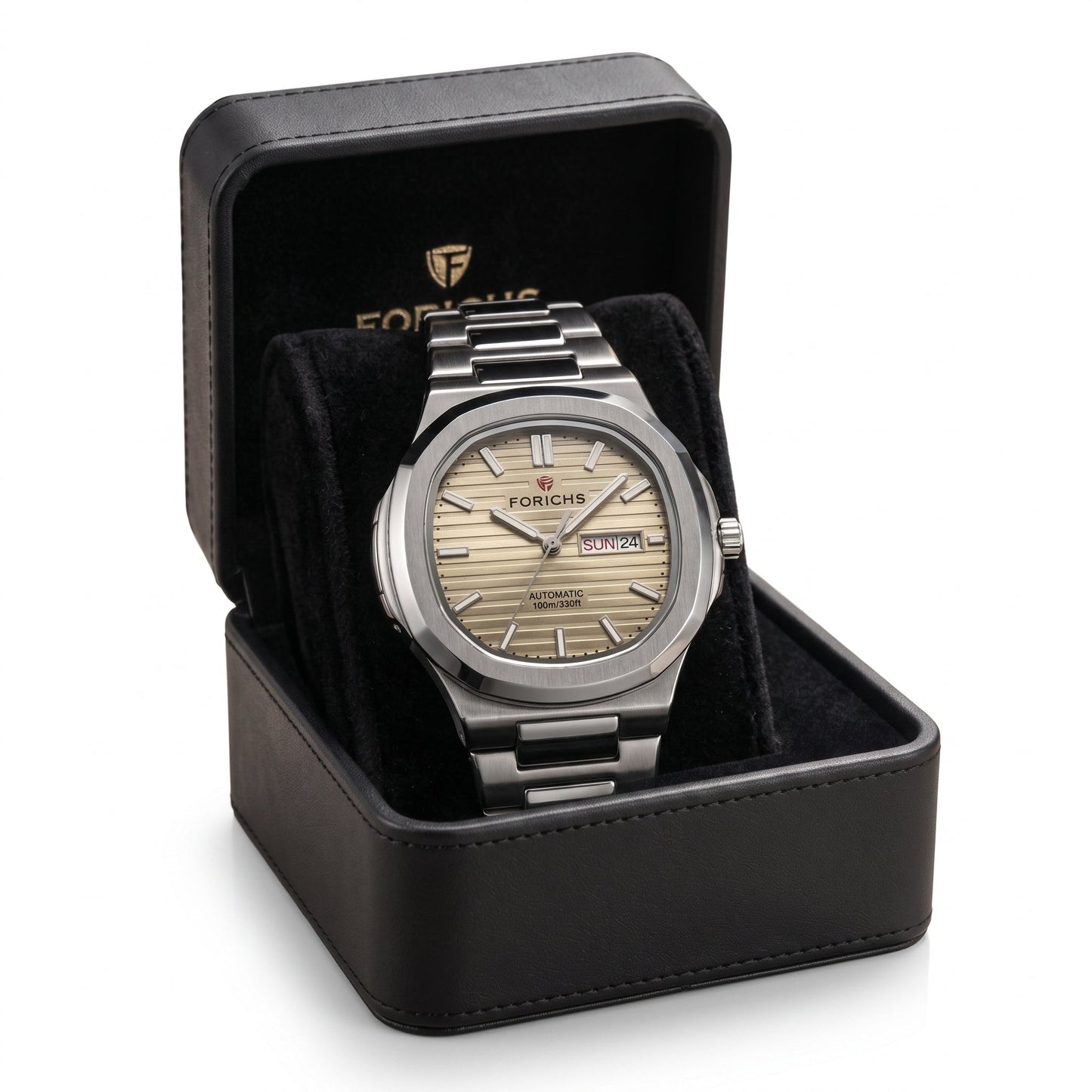 champagne gold dial watch highlighting the day and date display, premium stainless steel body, and double lock security clasp
