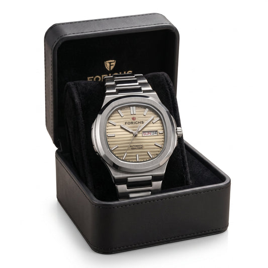 champagne gold dial watch highlighting the day and date display, premium stainless steel body, and double lock security clasp
