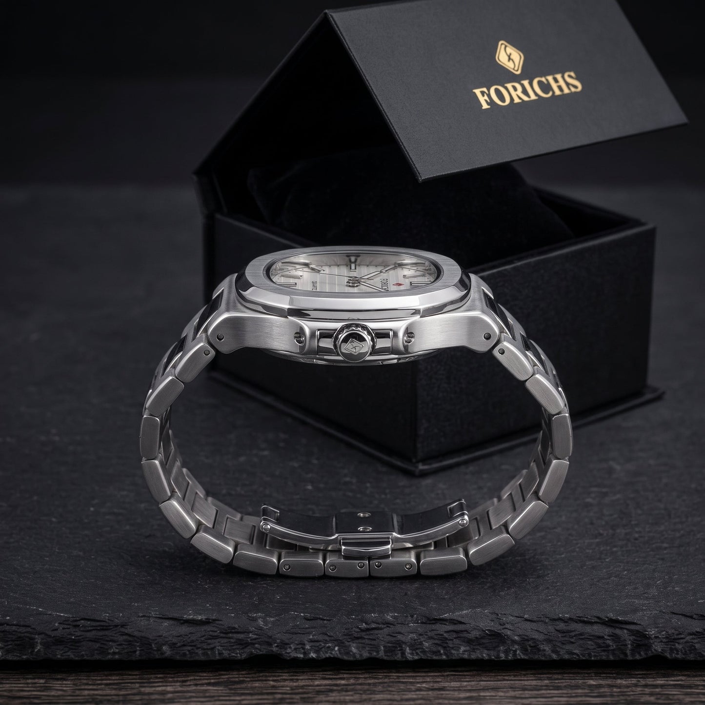 FORICHS Silver Steel Watch with Day-Date Display