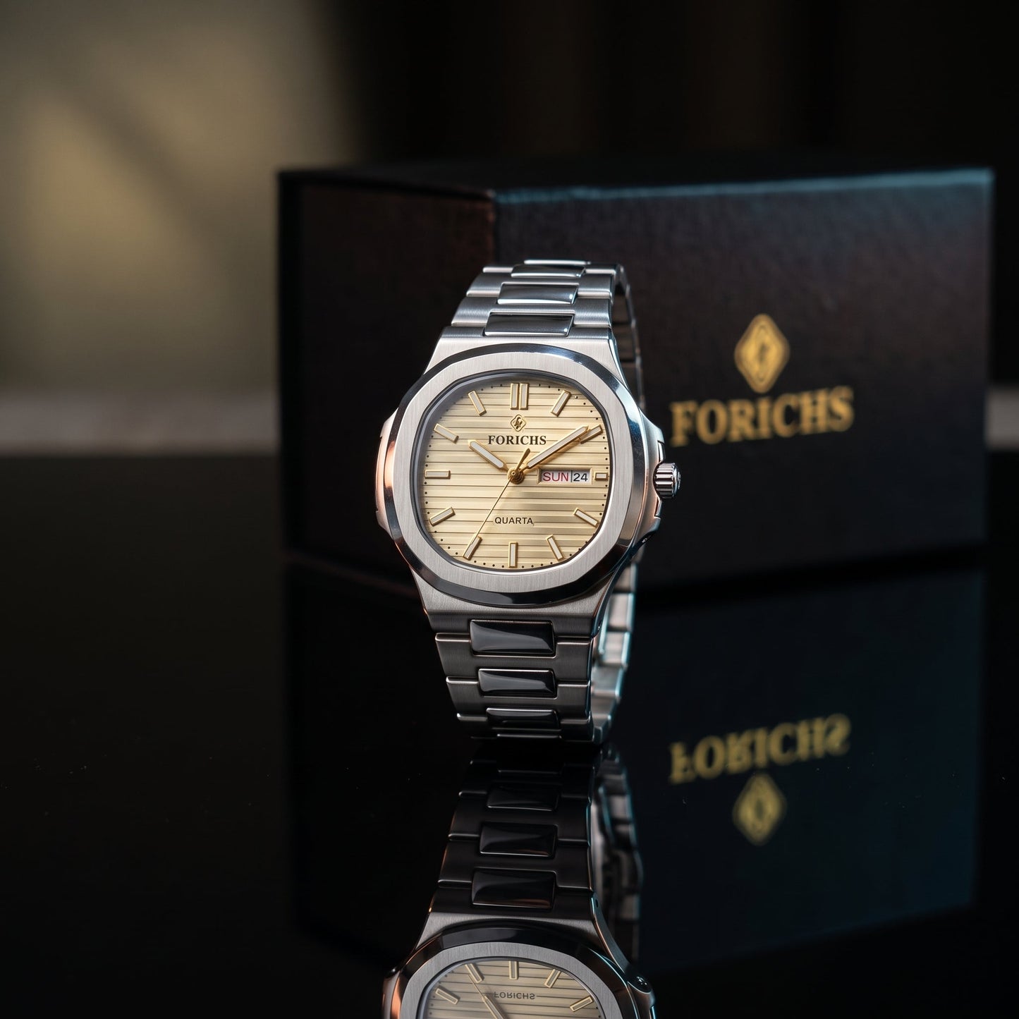 FORICHS Champagne Gold Dial Stainless Steel Date and day display Watch for Men