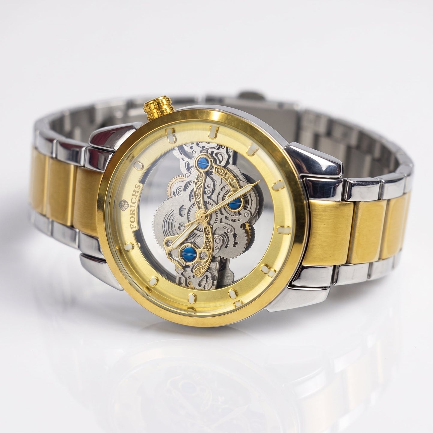 FORICHS Two-Tone Gold Automatic Skeleton Watch