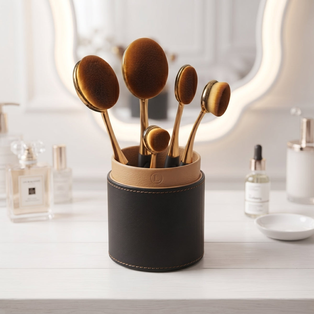 Lcosmetic Oval Makeup Brush Set with Premium Branded Case – 5 Piece Blending Brushes