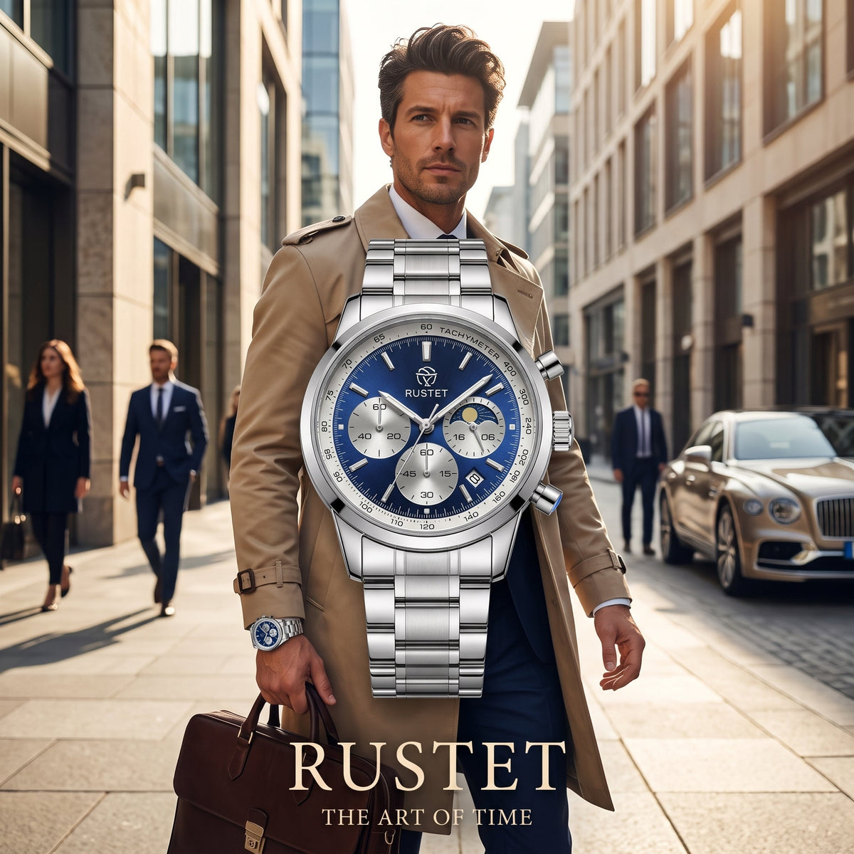 RUSTET Men's Chronograph Watch – Sapphire Crystal, Steel & Blue Dial with premium case