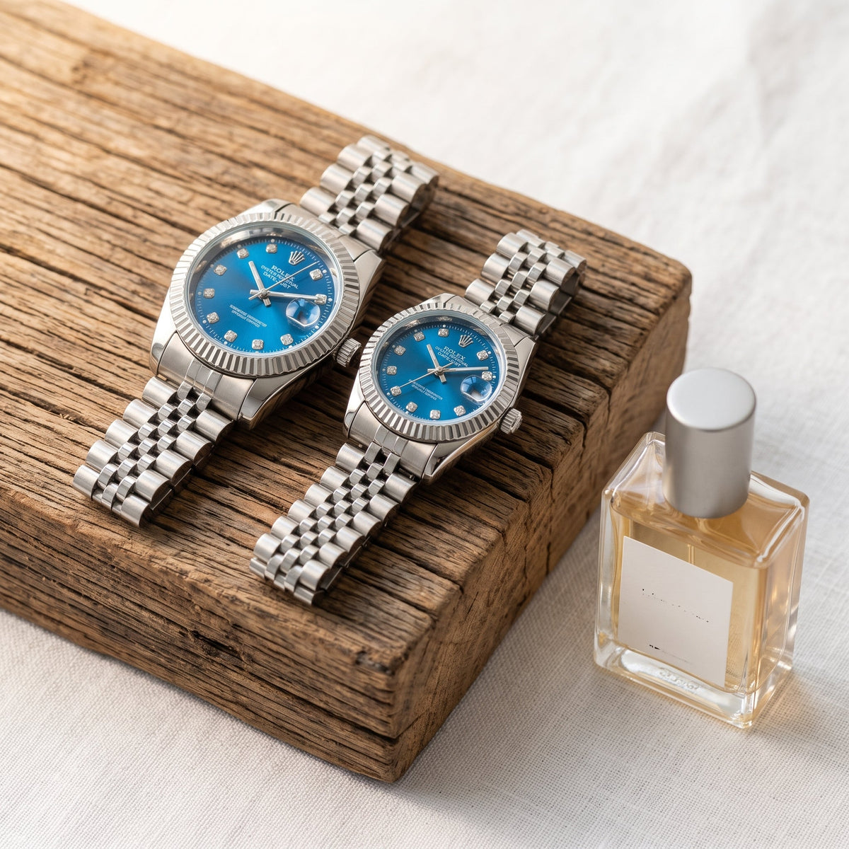 Premium Datejust Couple Watch Set – Blue Dial, Fluted Bezel & Jubilee Bracelet (His & Hers)