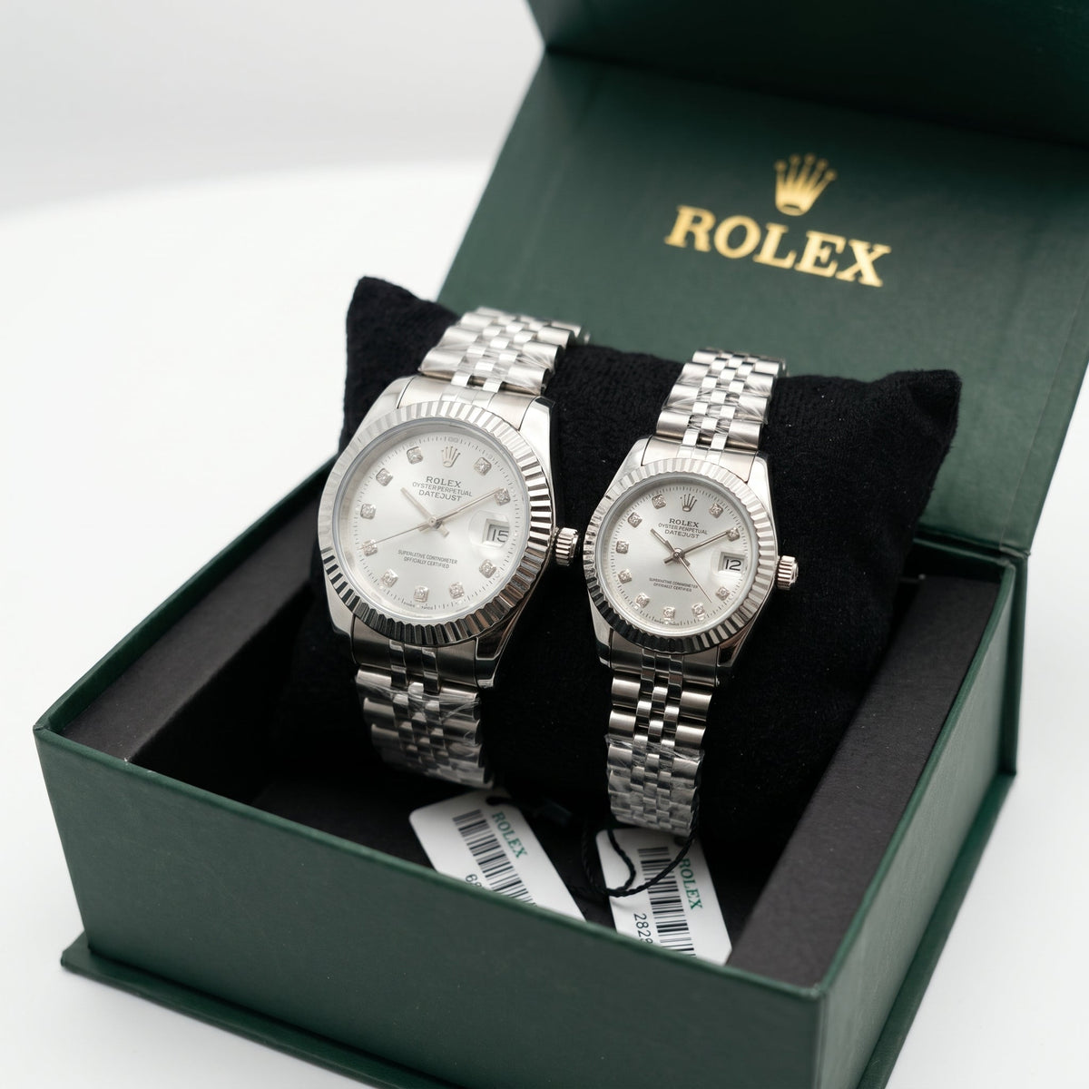 Premium Datejust Couple Watch Set – Silver Dial, Fluted Bezel & Jubilee Bracelet (His & Hers)