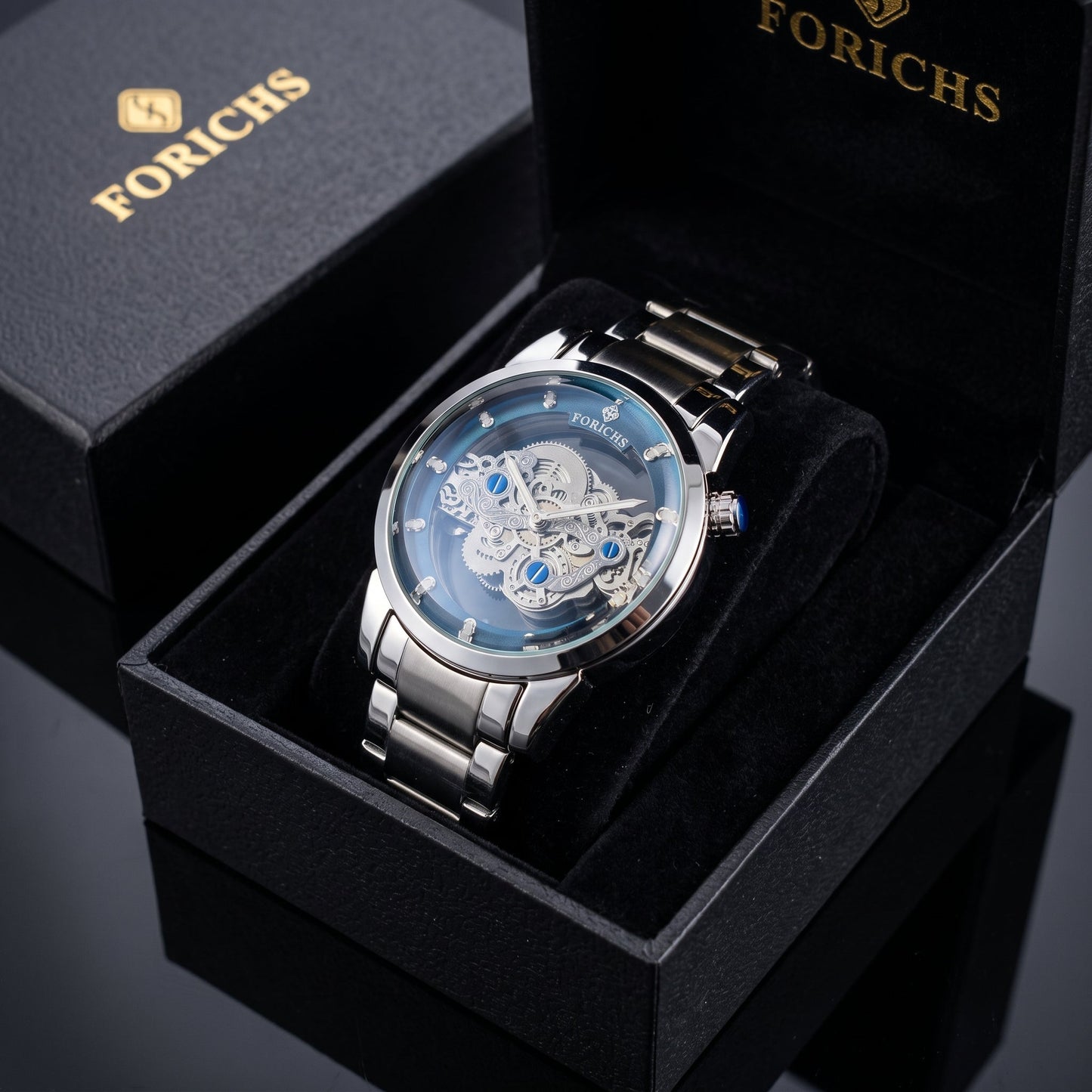 FORICHS Automatic Skeleton Watch with Blue Transparent Dial