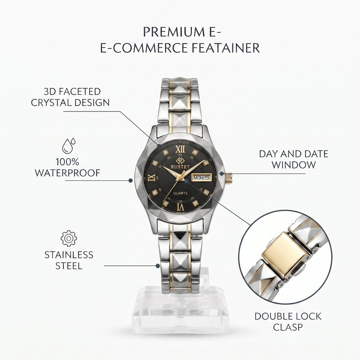 RUSTET Women's Two-Tone Gold & Silver Waterproof Watch – Black Dial, Day-Date