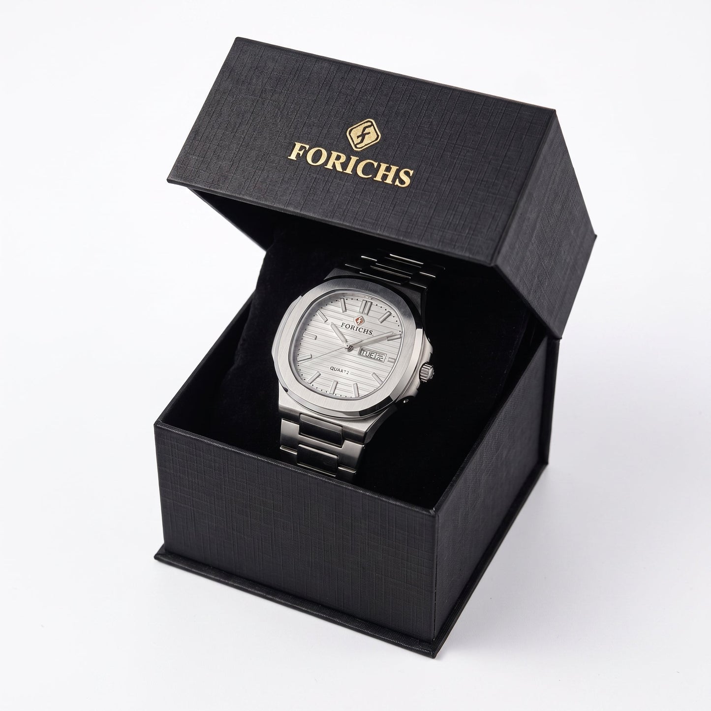 FORICHS Silver Steel Watch with Day-Date Display